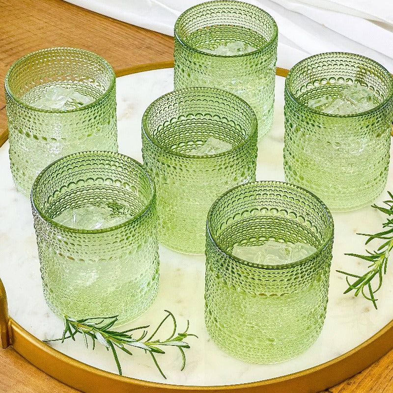 10 oz Beaded Sage Green Old Fashion Drinking Glass Set of 6 27204GN