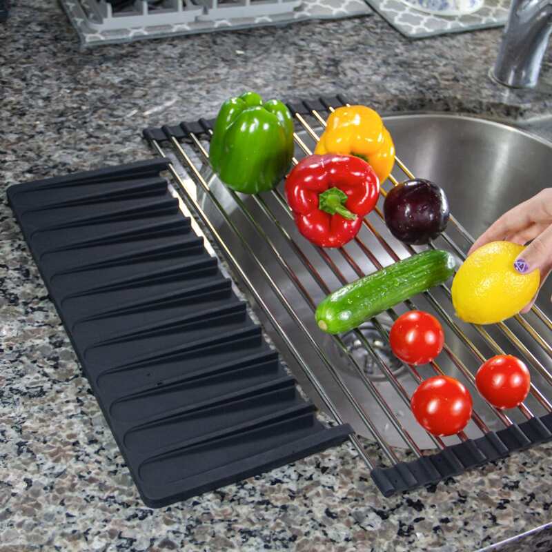 Over Sink Roll-Up Dish Drying Rack with Silicone Drip Tray