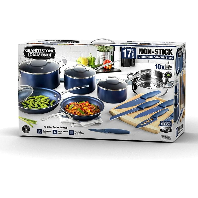 17-Piece Kitchen Granite Cookware Set, Non-Stick Cooking Pots and Pans Set - Black