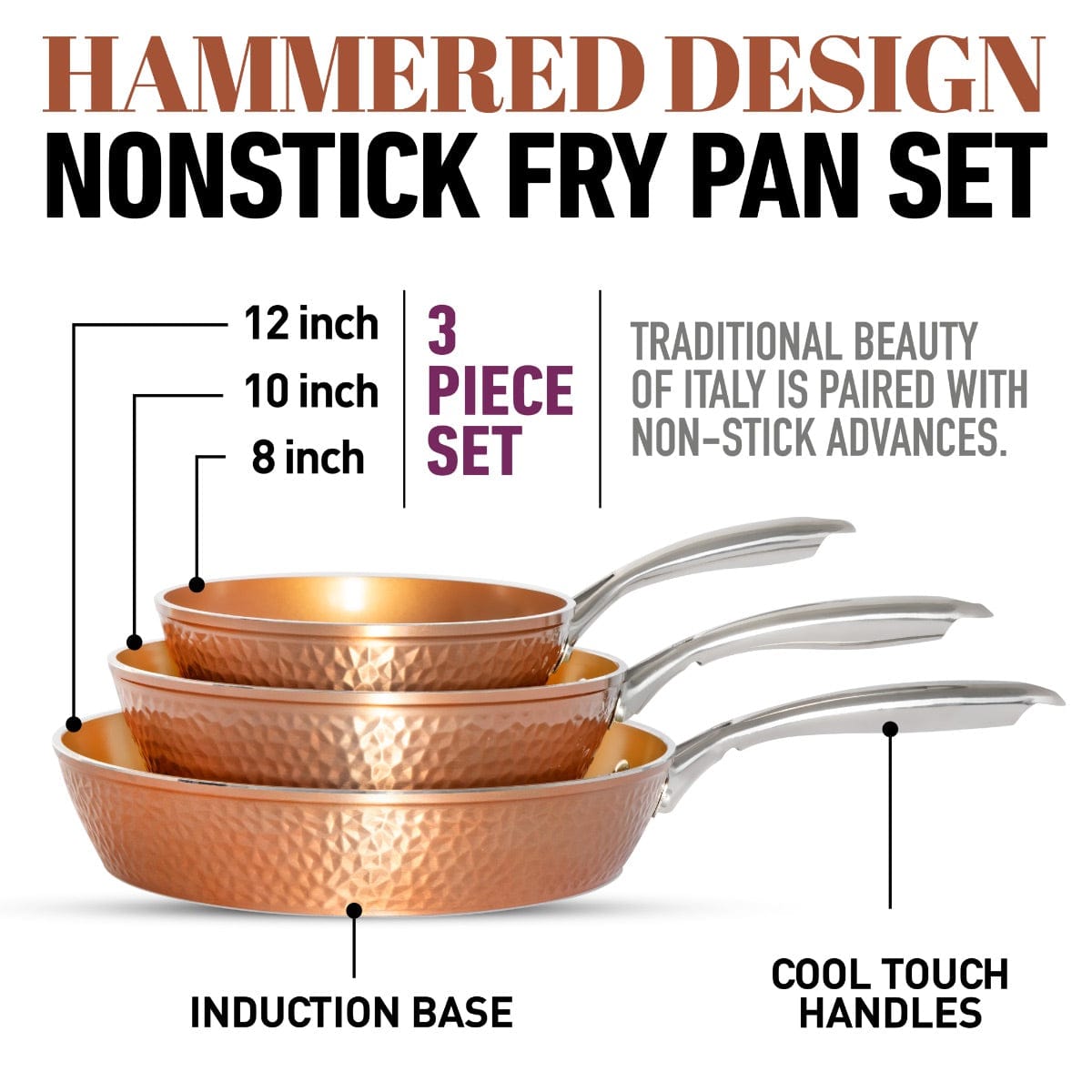 3 Piece Gotham Steel Hammered Non-Stick Copper Fry Pan Set EM7779