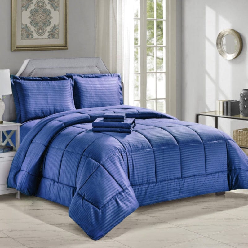8 Piece Embossed Dobby Stripe Bed in a Bag Navy / Queen 014748