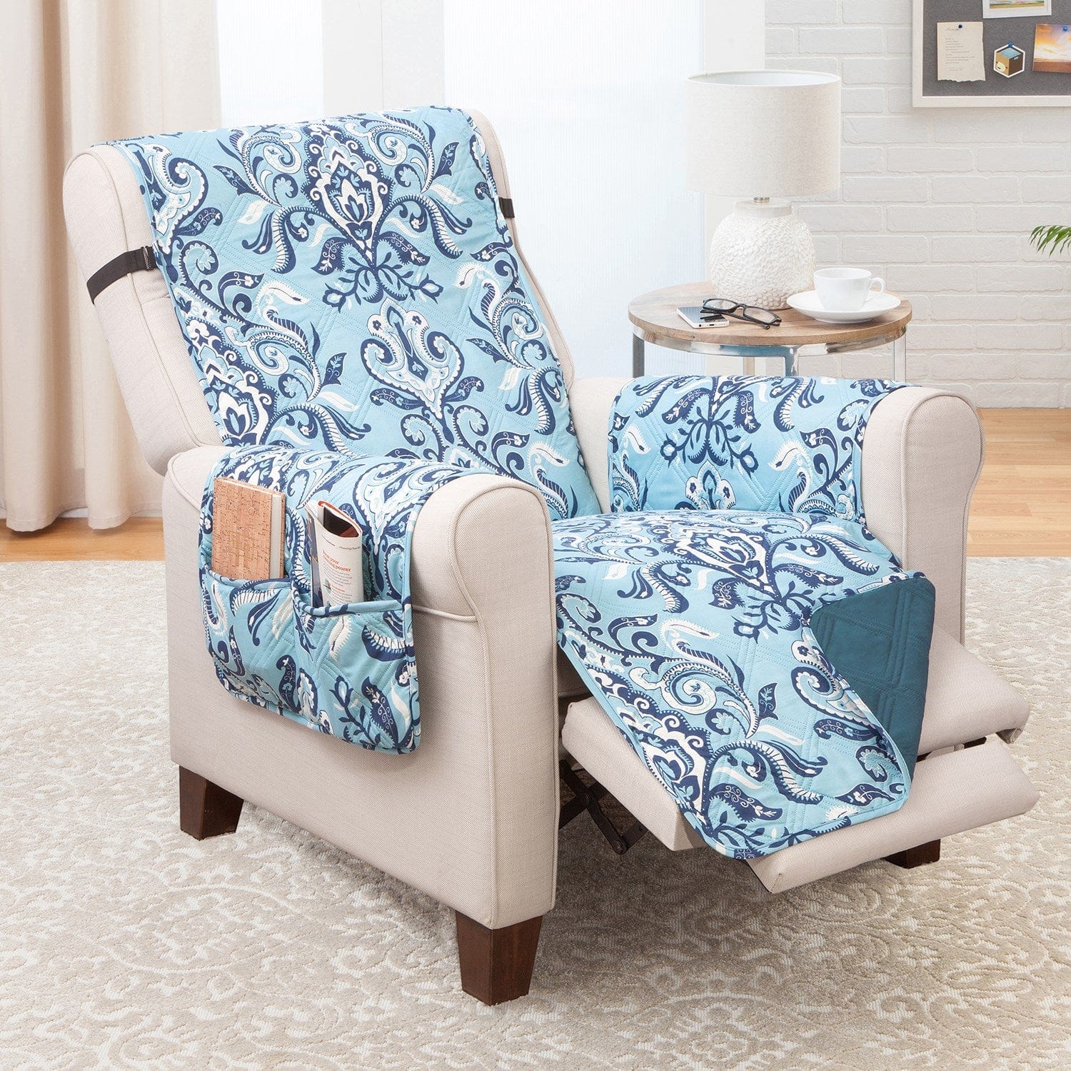 Extra Large Quilted Recliner Protector With Pockets Jory Blue 703513