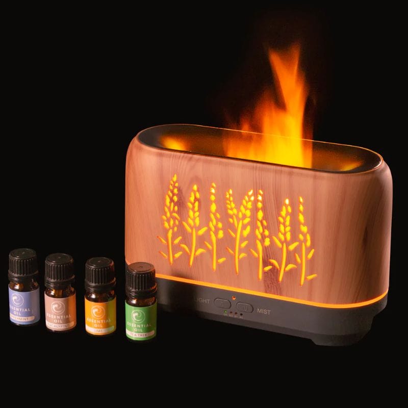 Flame Humidifier & Oil Diffuser with 4 Essential Oil Bottles PG94123