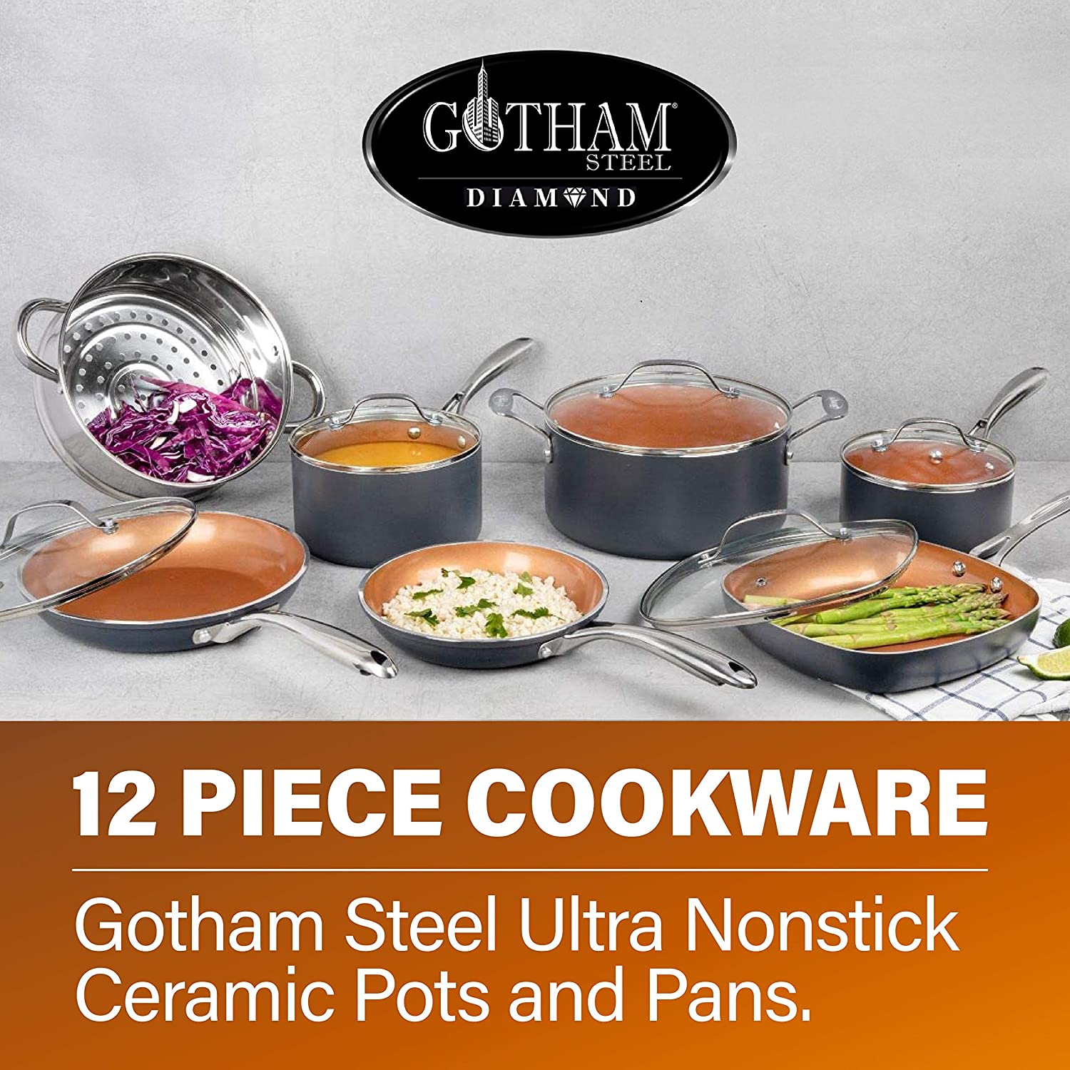 Emson Inc. Cookware Gotham Steel Diamond 12 Piece Non-Stick Copper Cookware Set