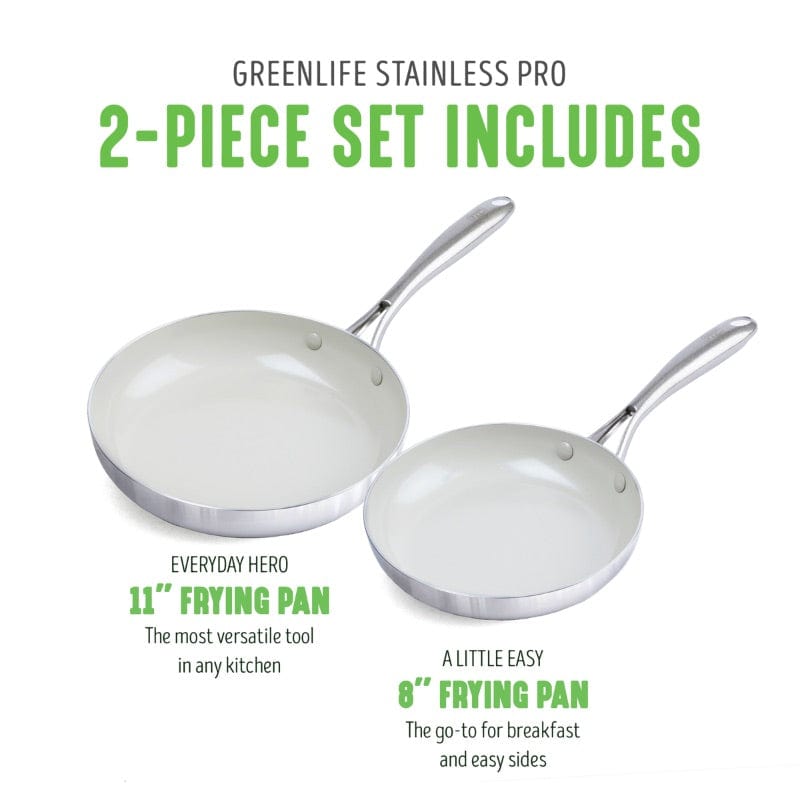 GreenLife Stainless Steel PRO  2pc. Set - 8" and  11"  Frypan 3-Ply SS CC005550-001