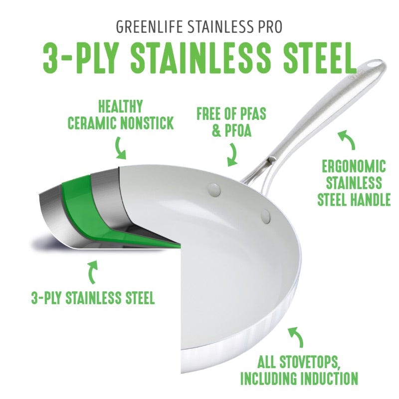 GreenLife Stainless Steel PRO Open Frypans 3-Ply 8" or 11"