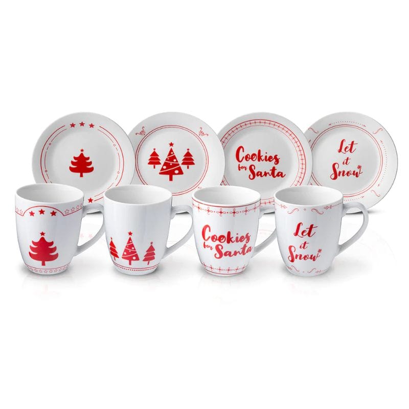 Mug and Plate Set w/ Holiday Print and Message-Set of 4 Mugs(12oz) and 4 Saucer PG94082
