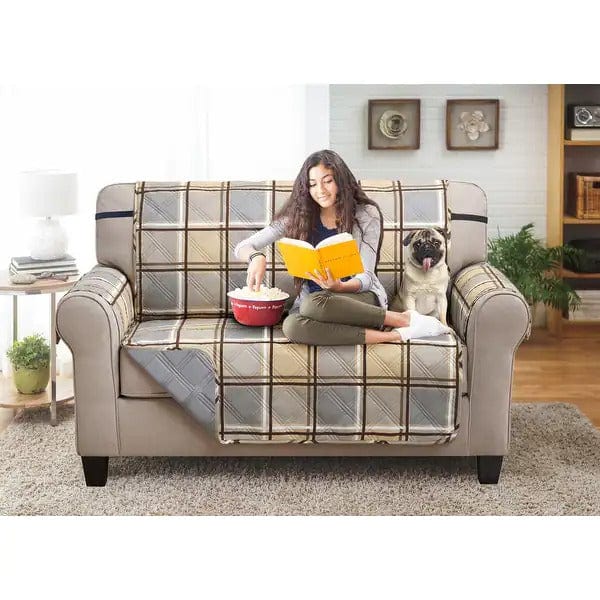 Quilted Loveseat Furniture Protectors Plaid Beige Grey 704480