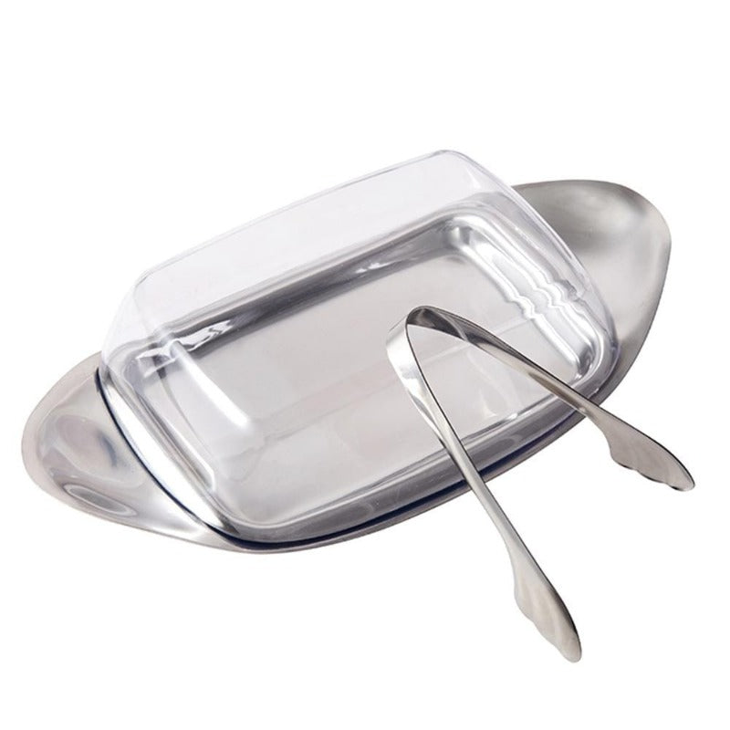 Stainless Steel Butter Dish With Clear Cover And Tongs PG93810