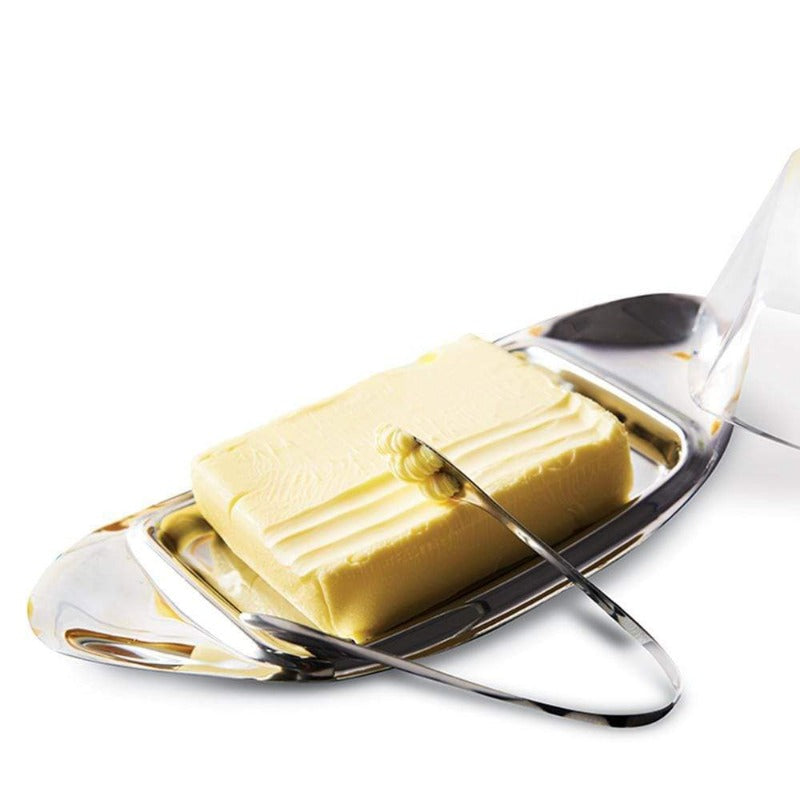 Stainless Steel Butter Dish With Clear Cover And Tongs PG93810