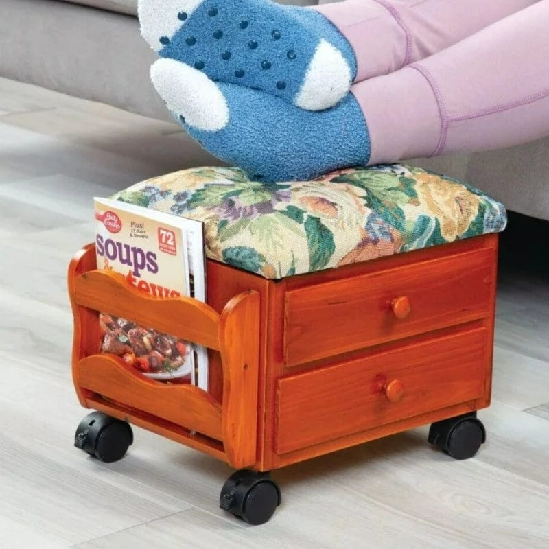 Wood Footstool with Tapestry Cushion and Drawer Storage 5391