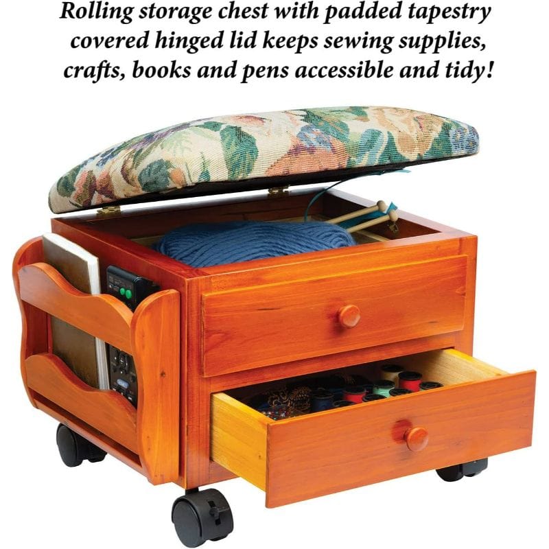 Wood Footstool with Tapestry Cushion and Drawer Storage 5391